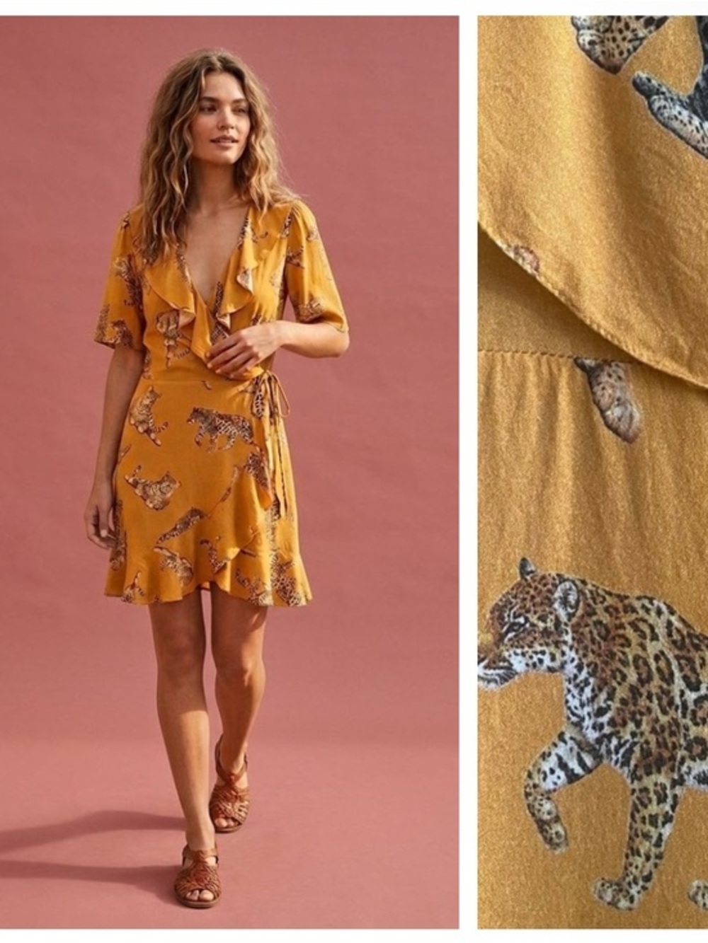 FARM Rio Mustard Yellow Leopard Print Mini Wrap Dress Small